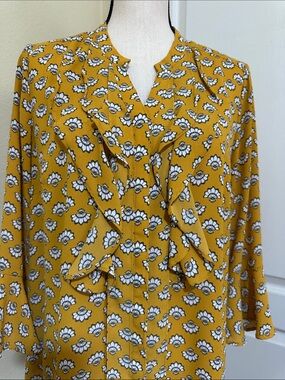 Charter Club Mustard Floral Button-Front Split-Neck Blouse